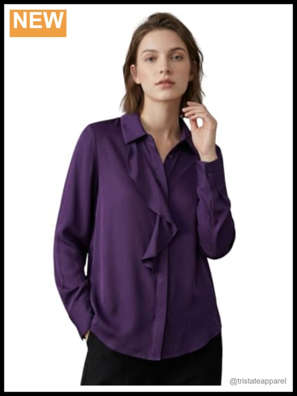 Silk Long Sleeve Button Down Blouse Asymmetric Ruffle Women's Elegant Top